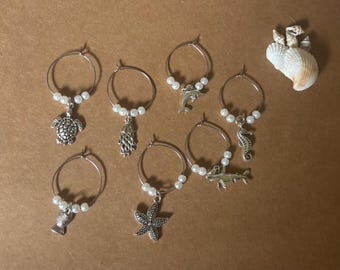 Sea Life Wine Glass Charms Coastal Drink Markers with Pearls Set of 7