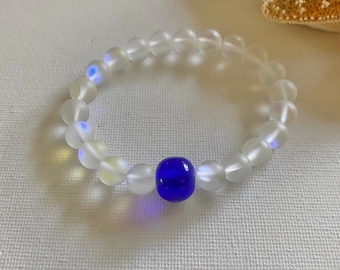 Iridescent Glass Beaded Bracelet Vintage Sapphire Accent Bead, Mermaid Jewelry