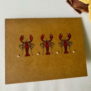Handmade Lobster Card, Lobsters Ocean Theme Note Card, Colored Pencils and Markers Used, Rhinestones Whimsical Beach Lover Gift Card