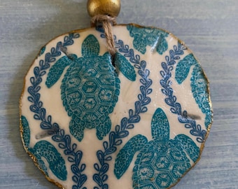 Sea Turtle on Sand Dollar Ornament Decoupaged Beach, Christmas Decoration