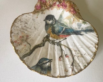 Bird Shell Trinket Dish with Dried Flowers, Decoupaged Ring Dish