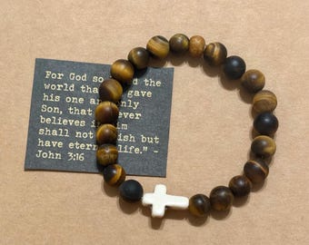 Tiger Eye Bead Cross Bracelet, Howlite Cross, Unisex Jewelry