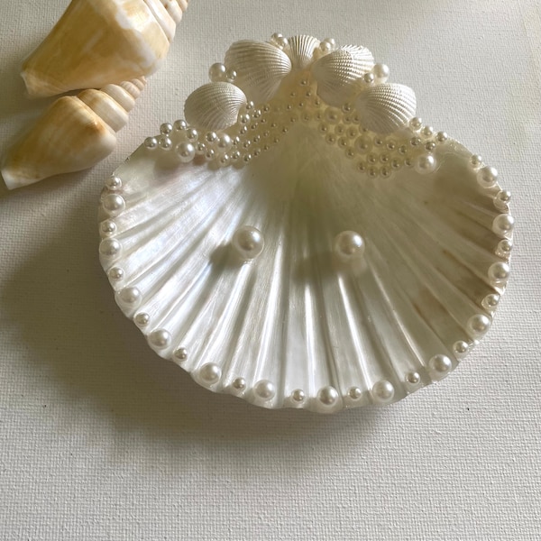 Beach Wedding Ring Dish, Ring Bearer Ring Holder Shell with Seashells Pearls Choose to Add Rhinestones or Just with Pearls