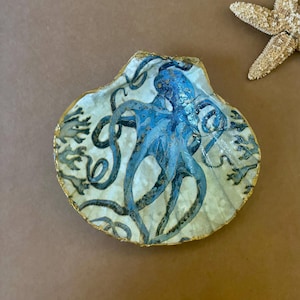 Octopus Shell Trinket Dish Coastal Sealife Decoupage Jewelry Holder