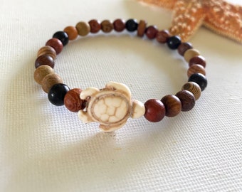 Sandalwood Turtle Bracelet, Howlite Sea Turtle, Multicolor Wood Beads