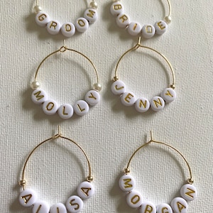 Personalized Wine Glass Charms, 6 Gold Tone Hoops, Lettering White & Gold. Name or Words 30mm Hoops Pearls or Gold Tone Beads, Wedding Party