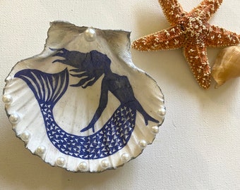 Mermaid Trinket Holder, Decoupaged Shell Ring Dish, Coastal Decoration