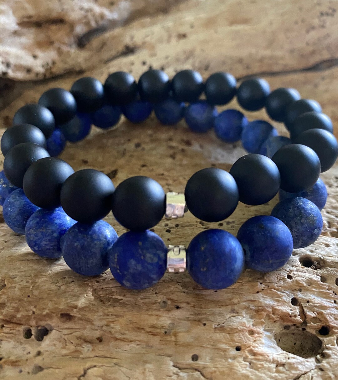 Onyx & Lapis Lazuli Men's Bracelet Set, 10mm Beads Sterling Silver Beads, Stretch Beaded