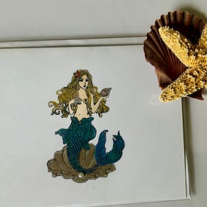 Handmade Mermaid Card, Mermaid Ocean Theme Note Card, Colored Pencils and Markers Used, Rhinestones Whimsical Beach Lover Gift Card