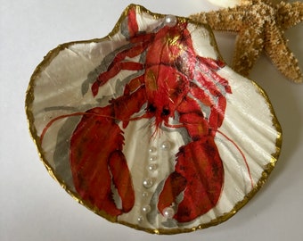 Sealife Jewelry Trinket Holder Red Lobster Shell Dish Coastal Decor Decoupage Pearl Bubbles Embellished Ring Dish Ocean Lover Diver Gift