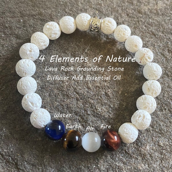 Natures 4 Elements Bracelet, Elements of Nature Water Earth Air Fire, White Lava Rock Lava Diffuser Unisex Nature Lover Bracelet Gift Idea