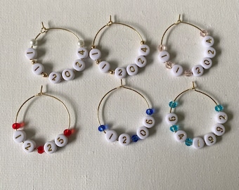 Personalized Wine Glass Charms Special Date 9 Gold Hoops White Gold Numbers Pearls Choose Gold Beads or Crystals Wedding Anniversary Party