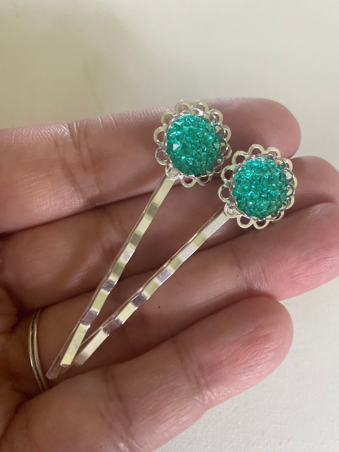 Silver Tone Flower Hair Pins, Teal Mint Ice, Faux Druzy, Set of Two