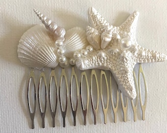 Starfish Seashells Hair Comb, Embellished with Pearls, Painted Pearl White Beach Theme Party, Wedding Bridal Party, Mermaid Hair Accessory