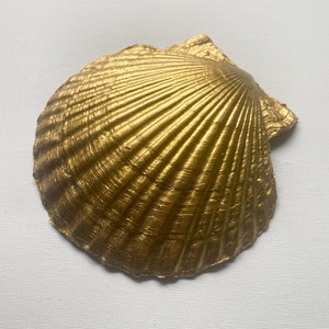 May include: A golden seashell with a ribbed texture. The shell is a natural object that has been painted gold.