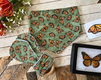 Monarch Butterfly - Organic Bib and Teether Set, Garden Nature, Bibdana, Wooden Bunny Ear, Teething Ring, Handmade, Baby Shower, Pollinators