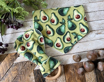 Avocados - Organic Bib and Teether Set, Garden Nature, Bibdana, Wooden Bunny Ear, Teething Ring, Handmade, Baby Shower, Farm