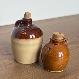 Vintage Miniature Crock Salt and Pepper Shakers with Cork Stoppers, Brown Stoneware Jug S&P Set, Rustic Farmhouse Kitchen Decor