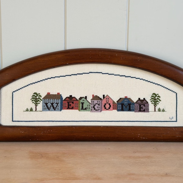 Vintage Welcome Cross Stitch Framed Needlework | Cottage House Folk Art | Wood Arch Frame | Primitive Country Wall Decor