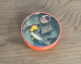 Vintage Miniature Lot in Red Tin | Tiny Collectibles, Brass Bell, Mini Figurines, Curio Cabinet Decor, Eclectic Treasure Box