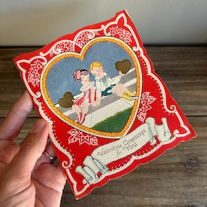 Vintage 1920s–1930s Valentine Card | Embossed Die-Cut Heart with Children Illustration | Antique Ephemera