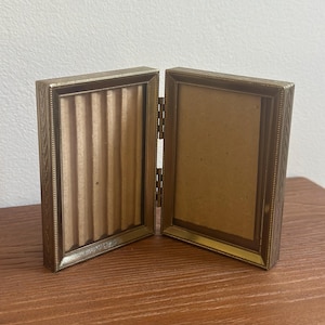Vintage Brass Folding Picture Frame | Double Hinged Photo Frame | Gold Tone Desk Frame | Hollywood Regency Decor | Small Brass Frame