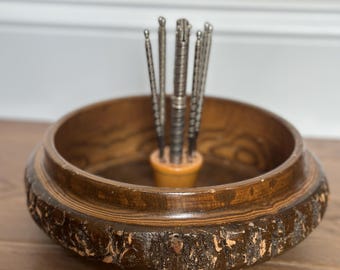 Vintage Wooden Nut Bowl with Nutcracker & 6 Picks | Bark Edge Walnut Bowl | Rustic Cabin Entertaining Set | Mid Century Nut Serving Bowl