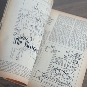 May include: Open book with diagrams of an automobile's electrical system. The text "The Electrical" is visible. The pages are yellowed with age, and the diagrams are in black and white. The diagrams show the wiring of the car's components.