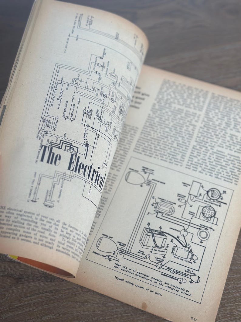 May include: Open book with diagrams of an automobile's electrical system. The text "The Electrical" is visible. The pages are yellowed with age, and the diagrams are in black and white. The diagrams show the wiring of the car's components.