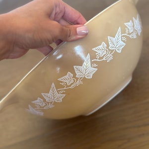 May include: A tan-colored glass mixing bowl featuring a white ivy leaf and vine pattern encircling the exterior. The bowl has a smooth, glossy finish and includes integrated handles on opposite sides for gripping and pouring convenience.