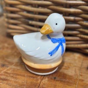 Vintage Ceramic Duck Figurine with Blue Bow – White Goose Kitchen Décor – Made in Japan