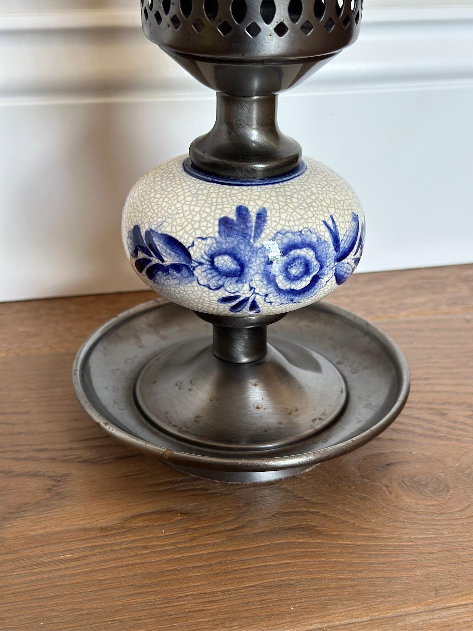 Vintage Blue Delft Style Candle Holder | Ceramic & Pewter