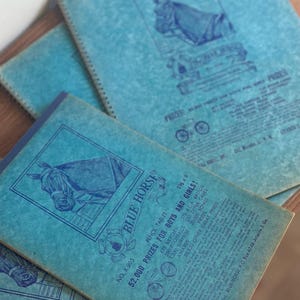 May include: A stack of vintage blue paper tablets featuring a dark blue horse head illustration and the text Blue Horse Pencil Tablet 52,000 Prizes For Boys And Girls. The covers include detailed lists of prizes and company information from Atlanta, GA.