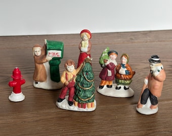 Vintage Lemax Christmas Village Figurines Set of 7 | Miniature Carolers Tree Trimmer Mailbox Snowman Fire Hydrant | Holiday Village