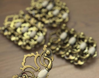 Vintage Brass Filigree Drawer Pull White Ceramic Handle Cabinet Hardware Boho Cottage Knob Sold Individually
