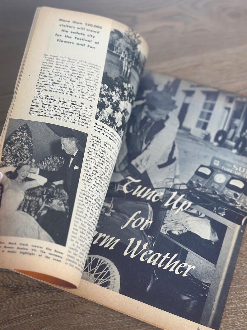 May include: An open vintage magazine with black and white photographs and text. The headline "Tune Up for Warm Weather" is visible. The pages are yellowed with age, suggesting a retro theme.