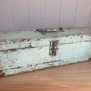 Vintage Mint Green Metal Toolbox, Rustic Industrial Tool Box, Farmhouse Storage Box, Steel Utility Chest, Garage Decor, Mid Century Tool