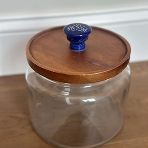 Vintage MCM Smoked Glass Canister with Teak Wood Lid | Danish Modern Kitchen Storage Jar | Mid Century Pantry Container | Blue Ceramic Knob