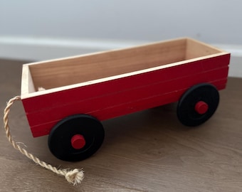 Vintage Red Wooden Wagon Pull Toy | Rustic Farmhouse Holiday Decor | Christmas Display Wagon