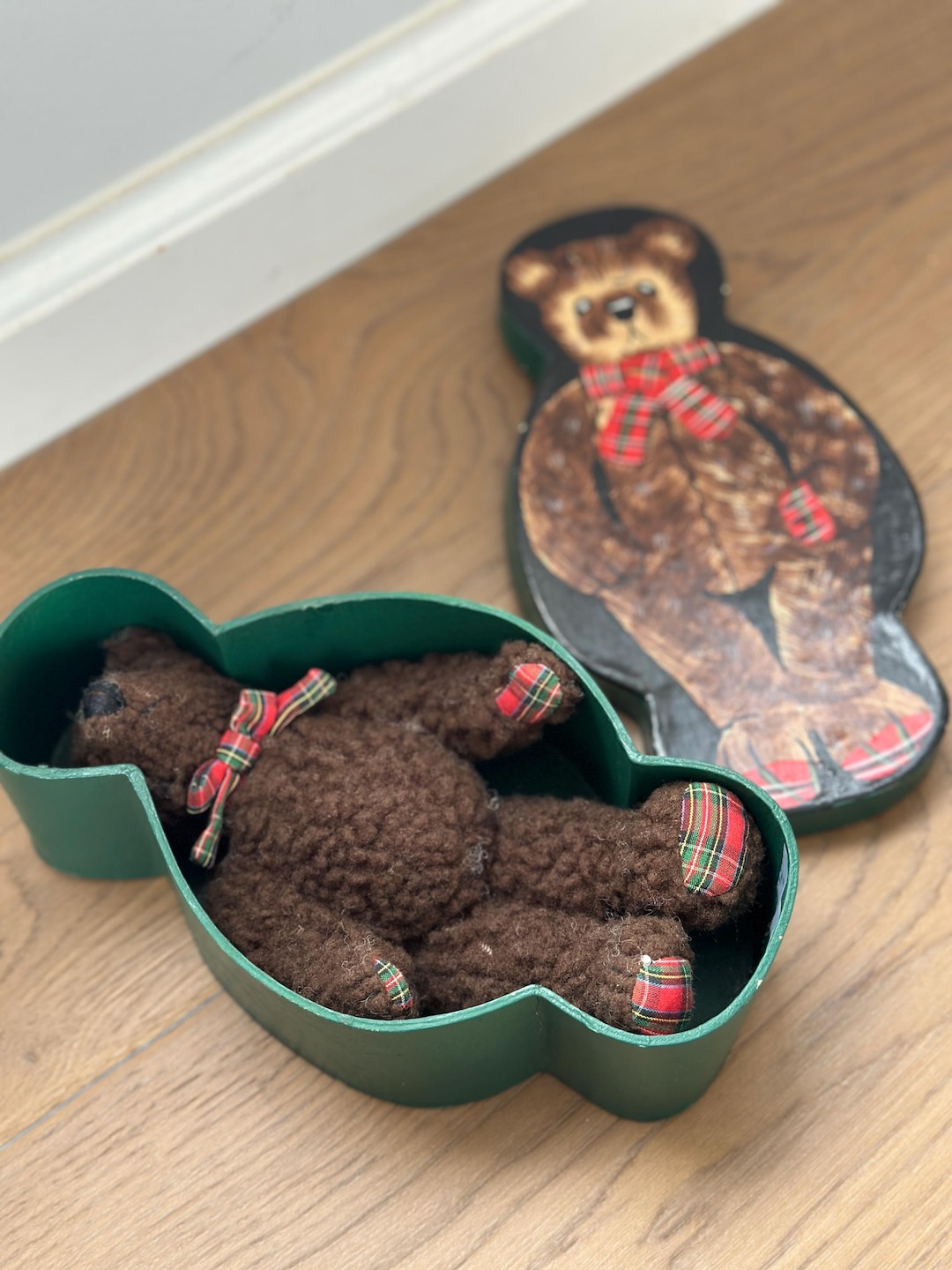 Handmade Teddy Bear in Painted Bear-shaped Box | Tartan Plaid Vintage ...