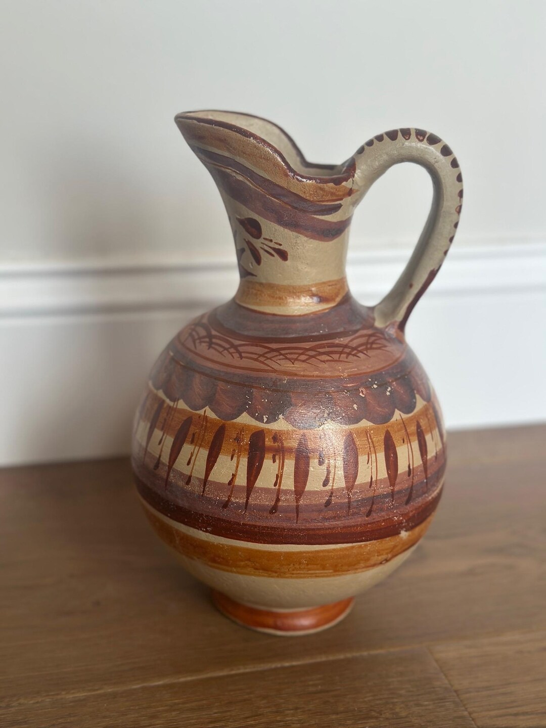 Vintage Hand Painted Pottery Pitcher Vase | Rustic Folk Art Ceramic Jug ...