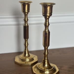 Vintage Solid Brass Candlestick Holders Pair, Tall Brass Taper Candle Holders, Octagonal Base Candlesticks, Traditional English Style Decor