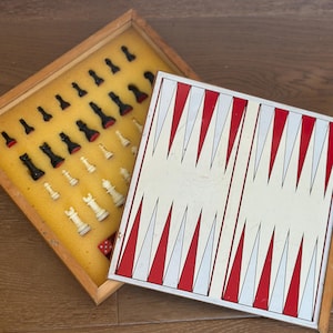 Vintage Travel Game Set Chess Checkers Backgammon in Wooden Case | Mid Century Folding Board Game | Complete Strategy Game Set