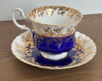 Royal Albert Bone China England Blue Gold Teacup and Saucer Vintage Cobalt Floral Gilt English Tea Cup Set