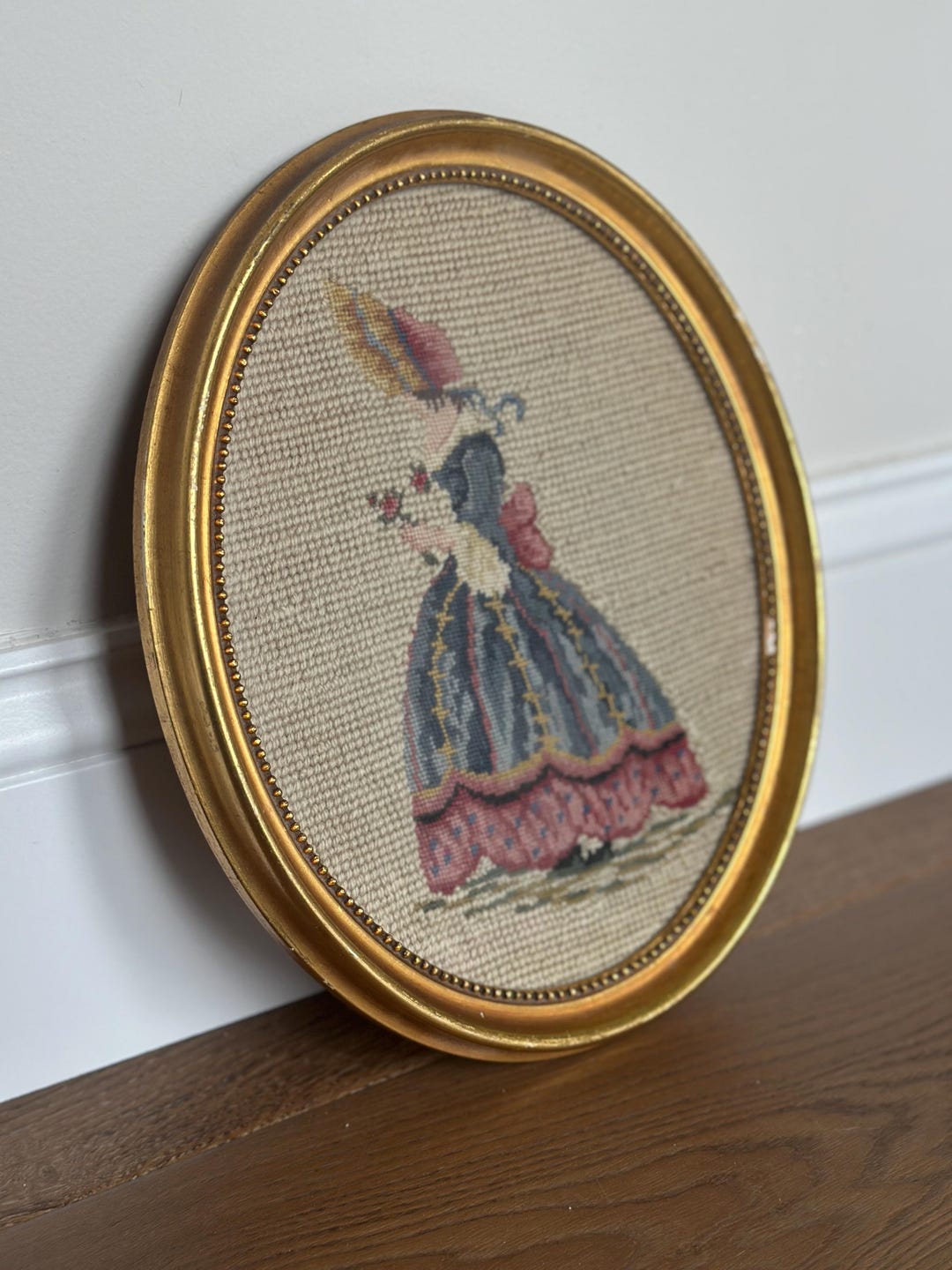 Vintage Framed Needlepoint Lady Portrait, Oval Gold Frame Wall Art ...