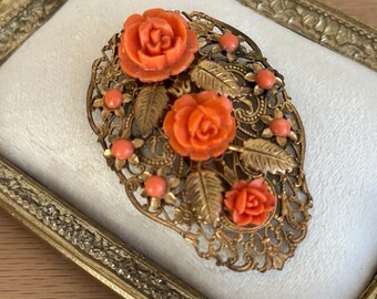 Vintage 1930s Dress Clip Coral Rose Floral Filigree Gold Tone Art Deco Costume Jewelry