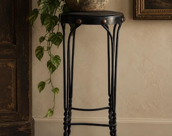Vintage Black Wrought Iron Stool | Twisted Metal Vanity Stool | Gothic Medieval Accent Seat | Industrial Primitive Decor