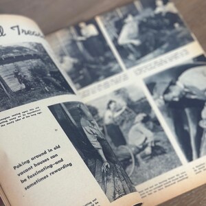 May include: An open magazine page with black and white photographs and text. The text reads "Poking around in old vacant houses can be fascinating&mdash;and sometimes rewarding." The magazine is slightly angled.