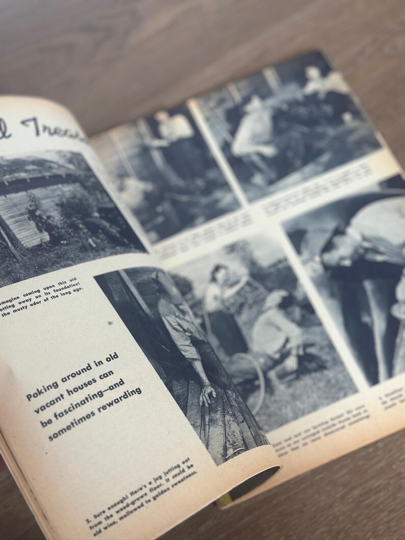 May include: An open magazine page with black and white photographs and text. The text reads "Poking around in old vacant houses can be fascinating&mdash;and sometimes rewarding." The magazine is slightly angled.