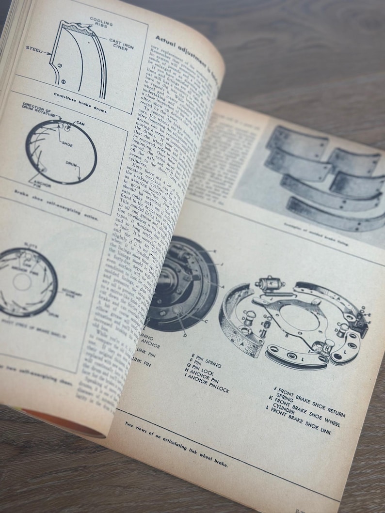 May include: Open vintage manual pages with black and white diagrams and text detailing brake systems. The pages show illustrations of brake components, including drums, shoes, and springs, with labels and technical descriptions.